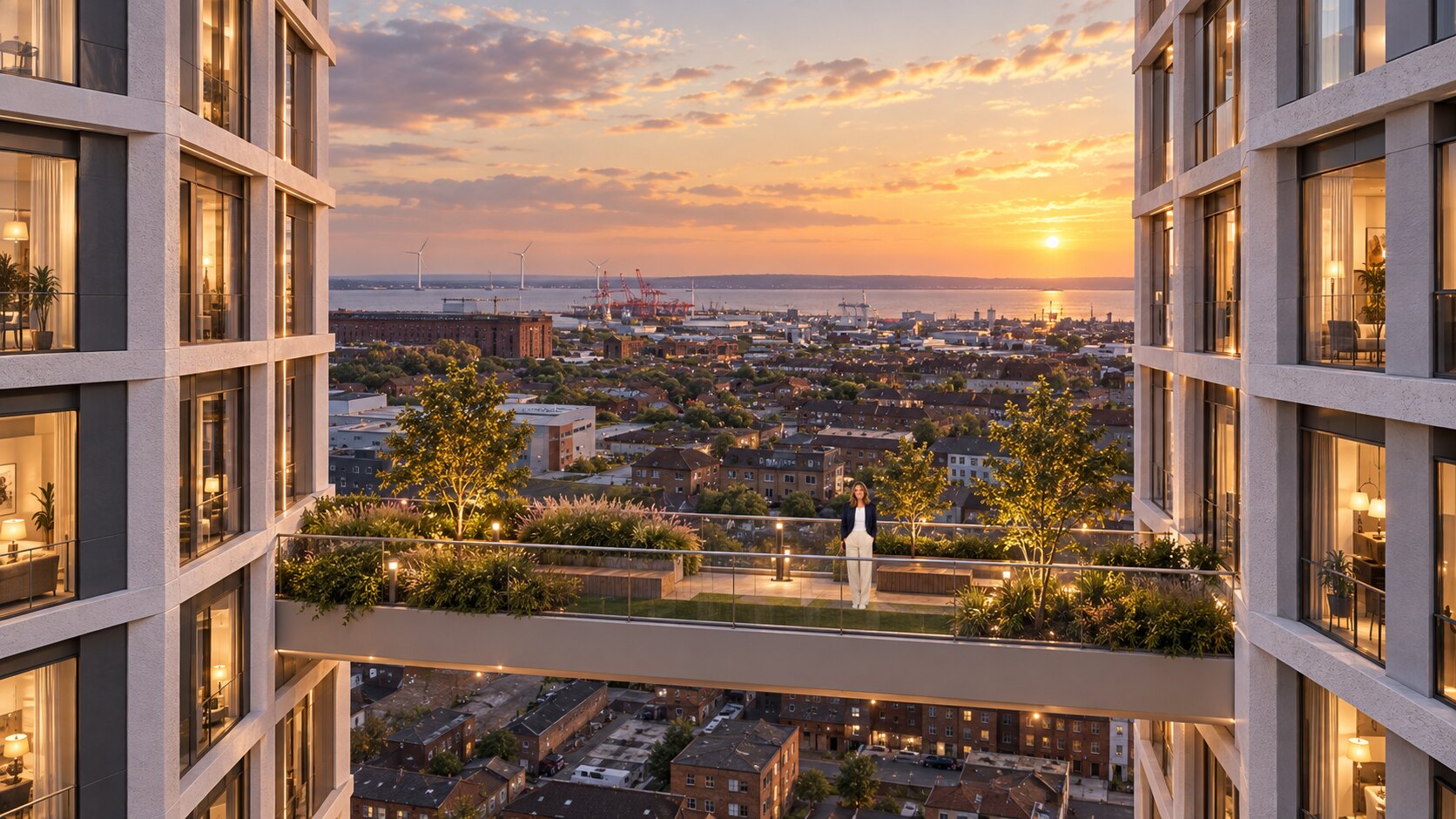 The landscaped sky bridge at The Gateway at sunset. CGI, indicative.