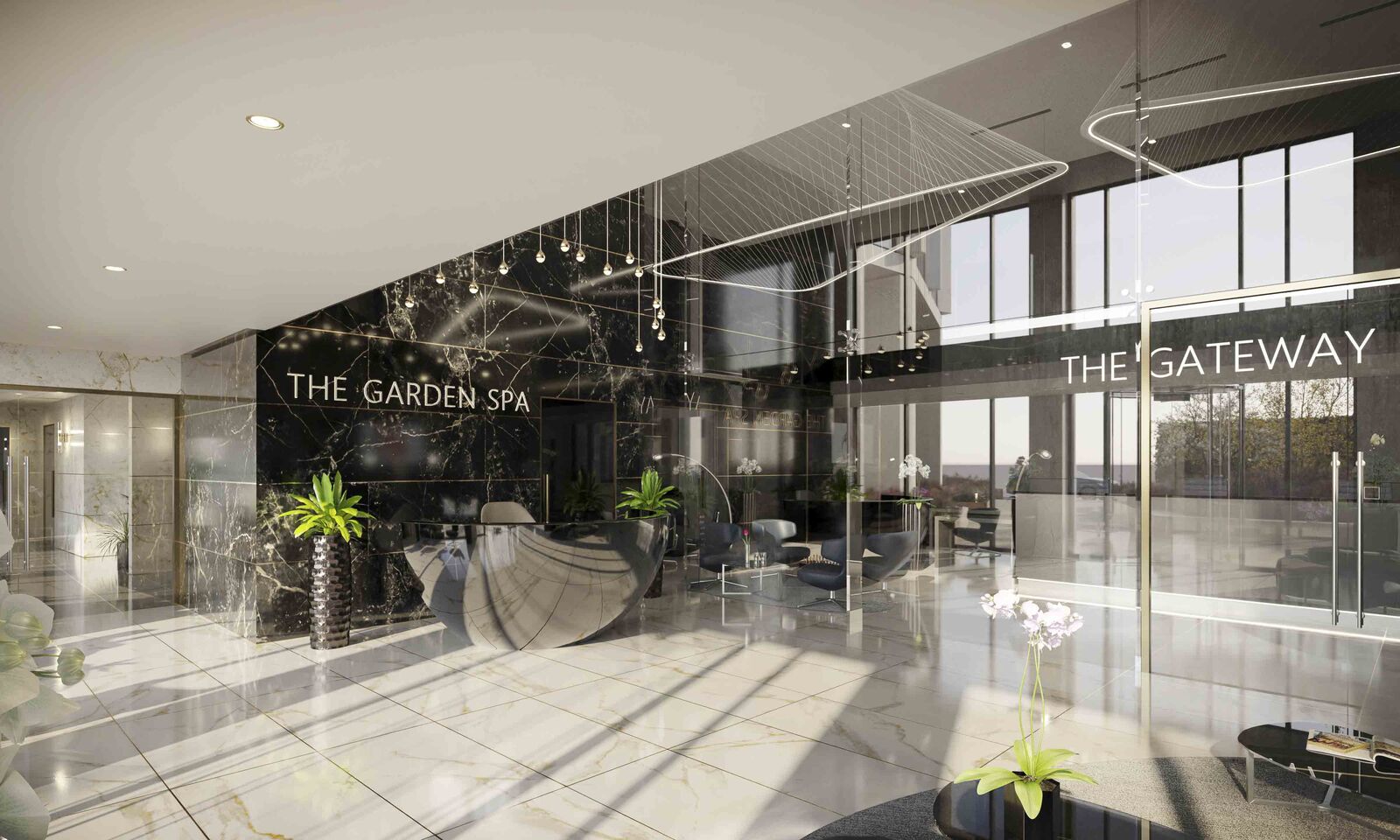 The entrance to the Garden Spa at The Gateway, with the experience pool beyond. CGI, indicative.