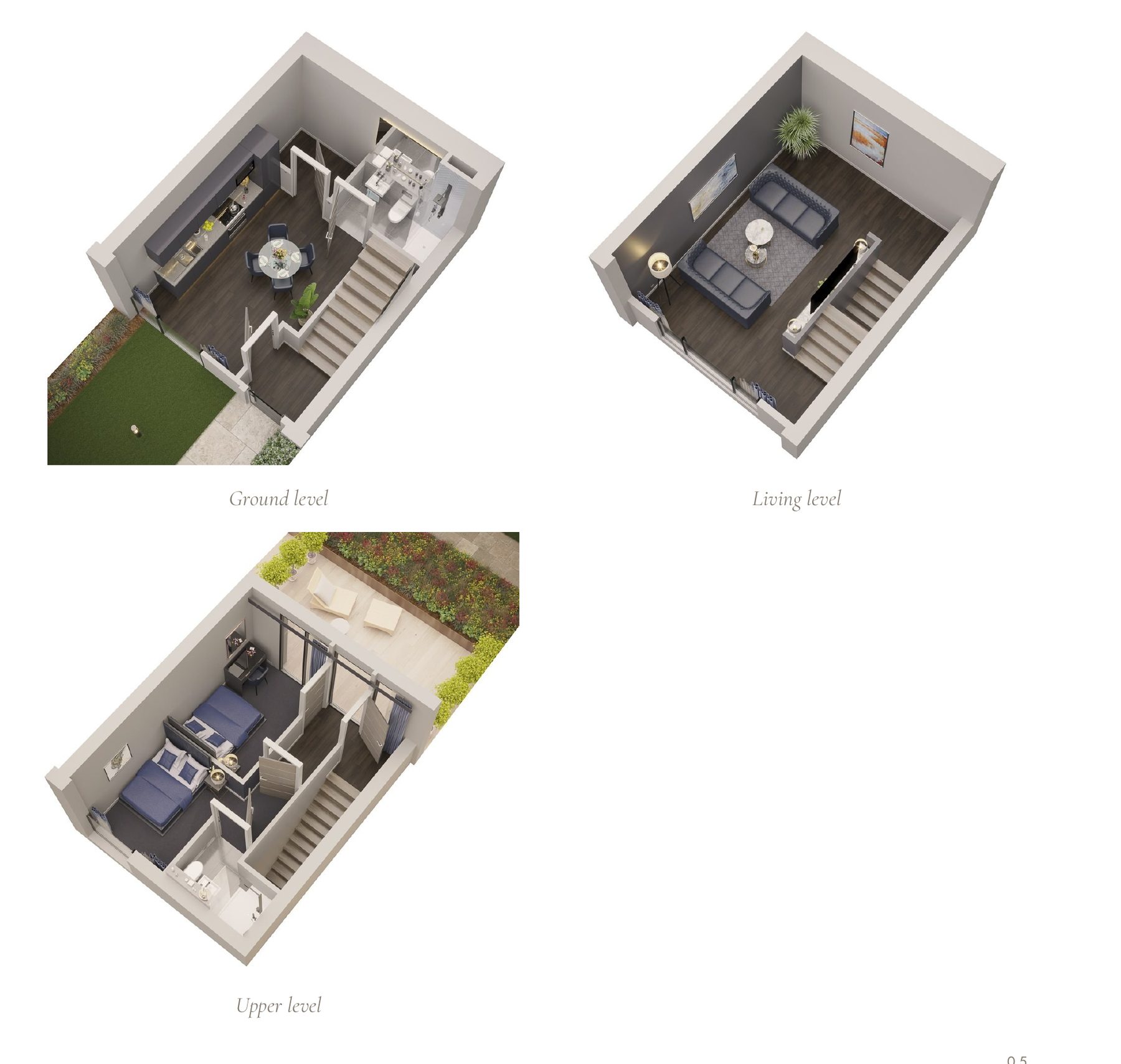 Illustrative townhouse shown level by level, developer CGI