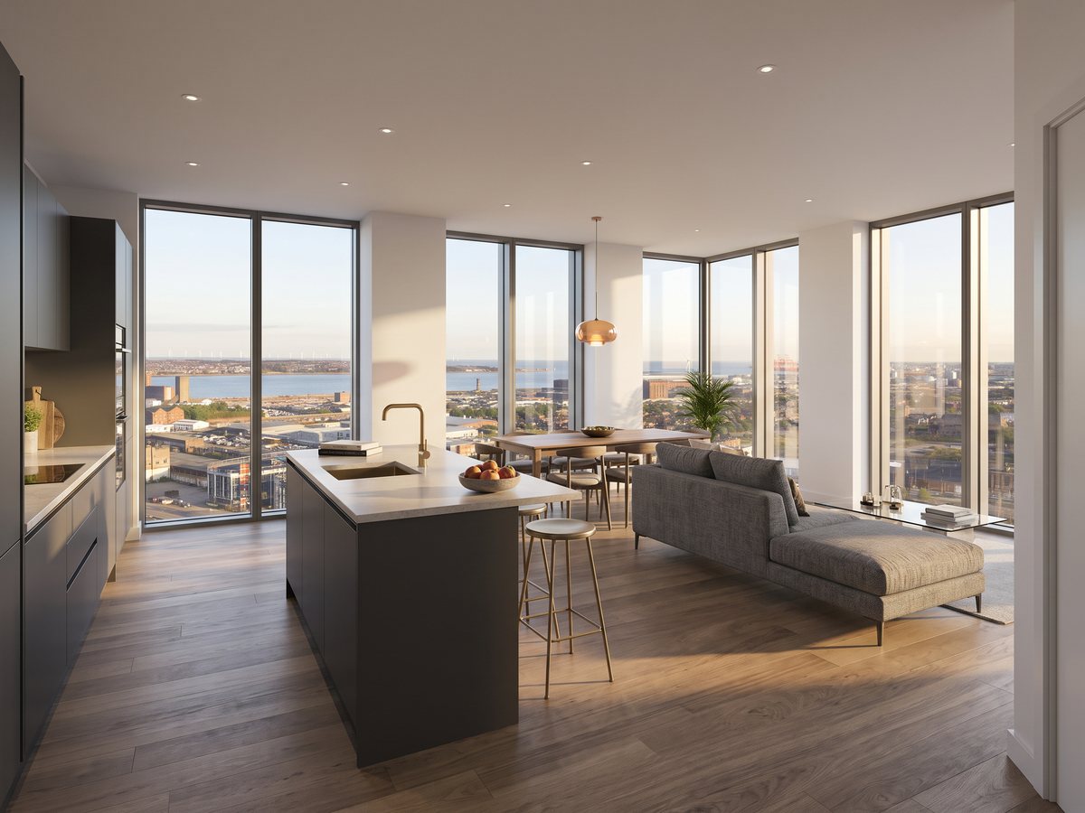 A corner living room in the Meridian Collection looking west, the river in the middle distance. CGI, indicative